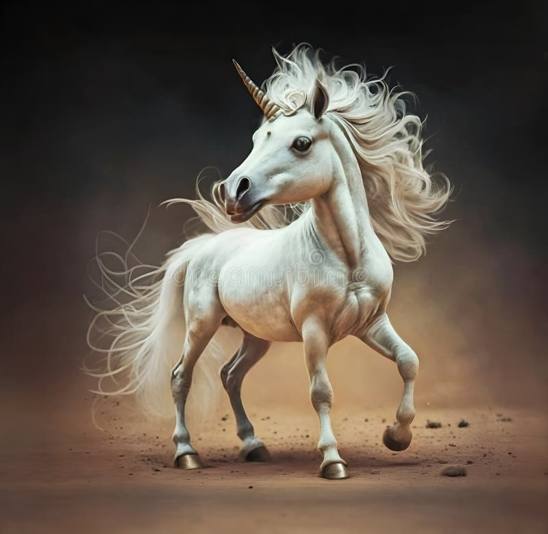 Söt, ädel unicorn mot grybeige övertoningsbakgrund. digital grafik. ai genererad royaltyfri illustrationer