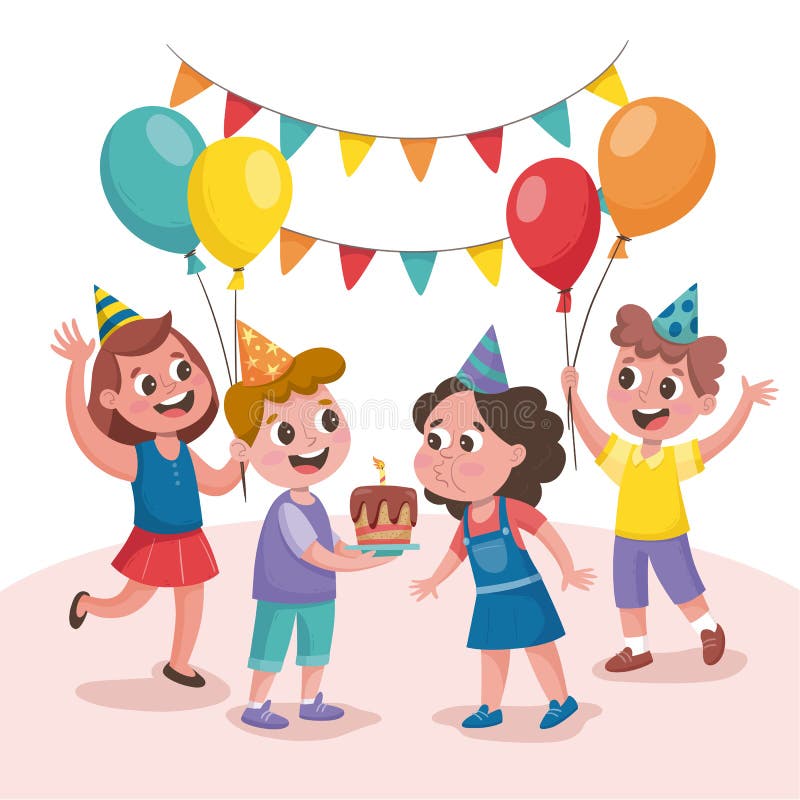 Söta barn som firar en födelsedagsfest stock illustrationer