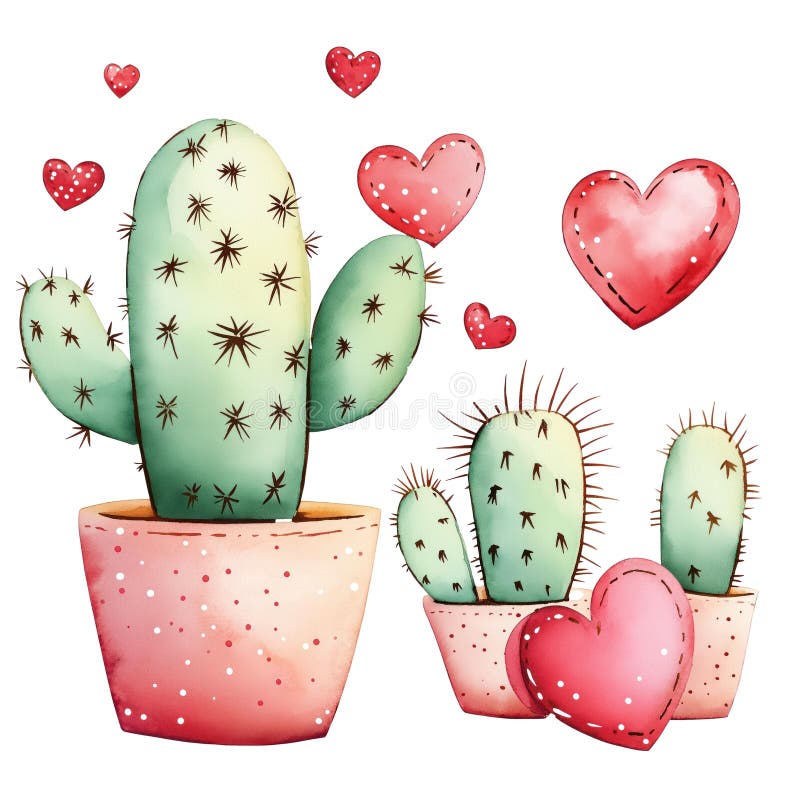 Söta cactupar i kärlek. vattenfärgsillustration av kaktuset i krukor med hjärta. vattenfärgsklient för valentindag. romantisk stock illustrationer