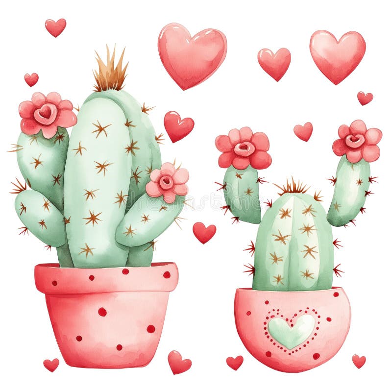 Söta cartoon-paret i kärlek. grönkaktusar med rosa blommor i krukor. små hjärtan på isolerad, öppen bakgrund. vektor illustrationer