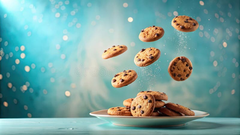 Söta chokladkakor i rörelse som faller på en tallrik mot en drömmande teoribakgrund. Generativ AI stock illustrationer