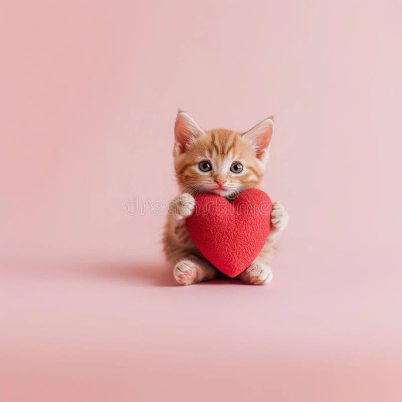 Söta, kattniga, leksaksliknande hjärta och erkänner kärlek på rosa bakgrund av bröllopskort med röd hjärtan och atmosfär royaltyfri foto