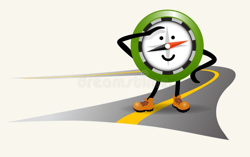 Söta kompass-tecken på navigering som står på en väg i stövlar. stock illustrationer