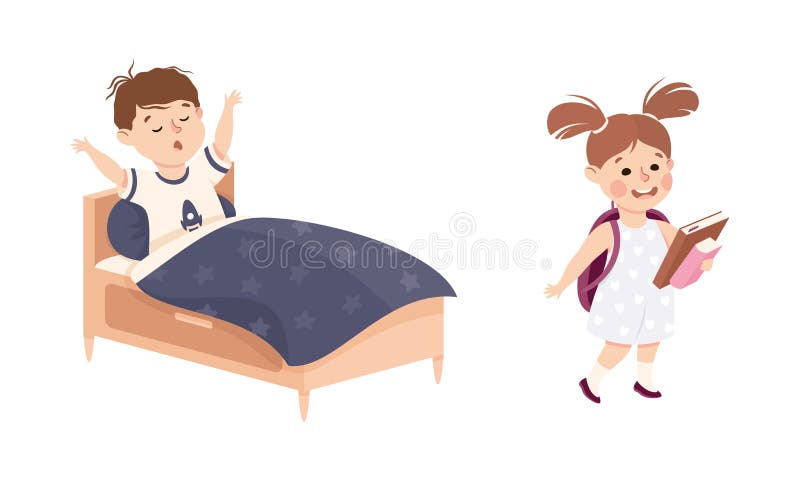 Söta små barn, daglig rutinrutin. pojken vaknade upp i morse när hon gick med bild av ryggsäcksvektorn. vektor illustrationer