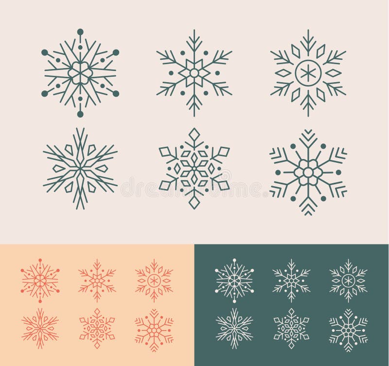 Söta snöflingor som samlats isolerade på gul och grön bakgrund. snösikoner med platt linje snöflingor silhuette. fint element för royaltyfri illustrationer