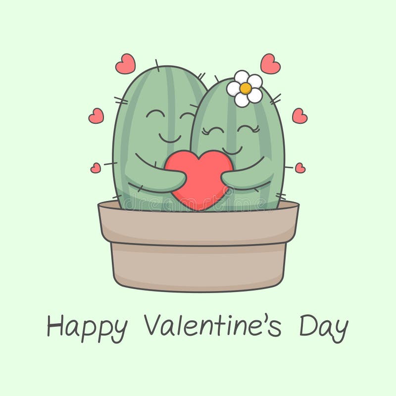 Söta valentiners dag-kaktus par i kärlek stock illustrationer