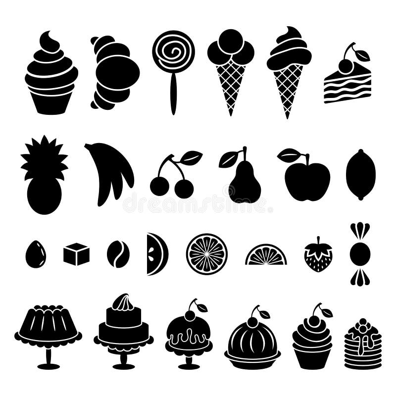 Sweet baked food and fruit silhouettes set. Cakes, cupcakes, croissant, pancakes, pie, donut, ice cream, pretzel and apple, cherry, lemon, strawberry, banana, pineapple, pear, and also candies. Vector elements on white background. Sweet baked food and fruit silhouettes set. Cakes, cupcakes, croissant, pancakes, pie, donut, ice cream, pretzel and apple, cherry, lemon, strawberry, banana, pineapple, pear, and also candies. Vector elements on white background