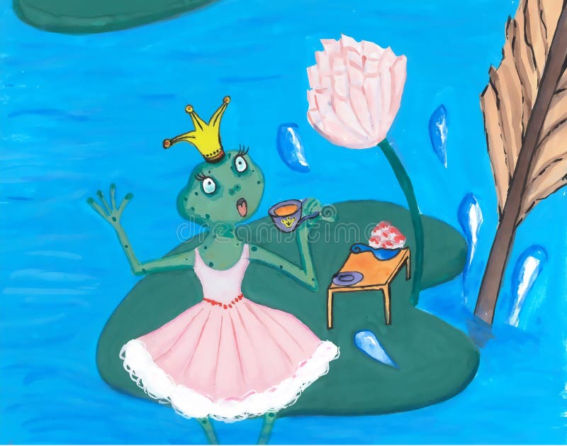 Sötsaken gjorde häpen prinsessan Frog i rosa färgklänning som dricker te på Lotus Leaf royaltyfri illustrationer Sötsaken gjorde häpen prinsessan Frog i rosa färgklänning som dricker te på Lotus Leaf royaltyfri illustrationer