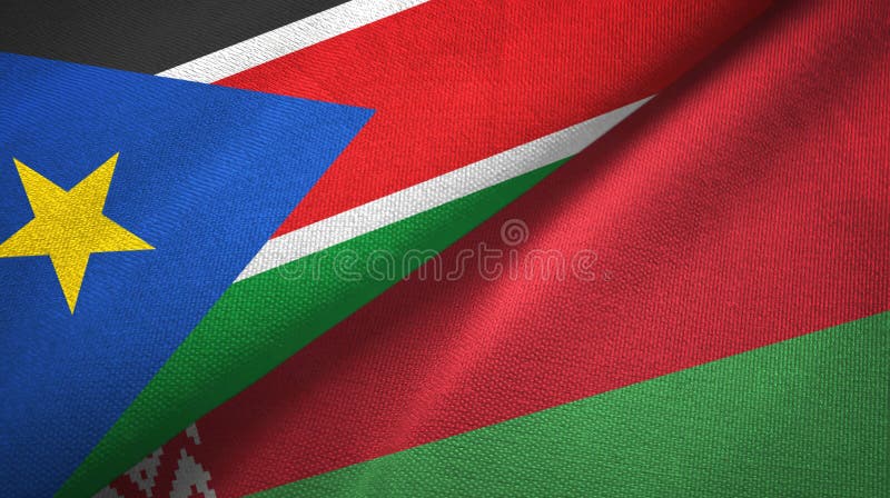 Süd-Sudan- und Weißrussland-zwei Flaggentextilstoff, Gewebebeschaffenheit lizenzfreie stockbilder Süd-Sudan- und Weißrussland-zwei Flaggentextilstoff, Gewebebeschaffenheit lizenzfreie stockbilder