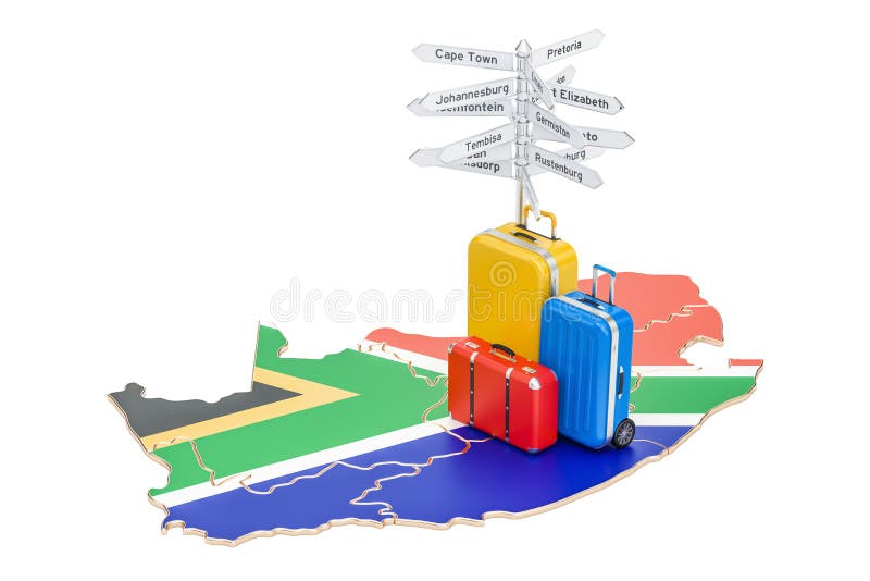Südafrika-Reisekonzept Karte mit Koffern und Wegweiser, 3D vektor abbildung Südafrika-Reisekonzept Karte mit Koffern und Wegweiser, 3D vektor abbildung
