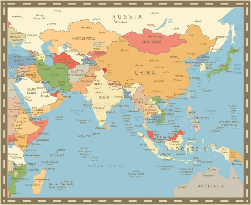 Südasien-Karten-Weinlese-Farbe