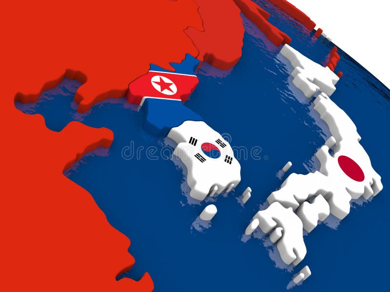 Südkoreanisches und Nordkorea auf Karte 3D mit Flaggen vektor abbildung Südkoreanisches und Nordkorea auf Karte 3D mit Flaggen vektor abbildung
