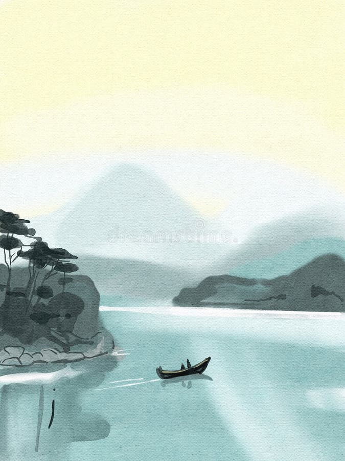 Südöstliche Landschaft. Nebel im Bergboot, das auf dem See segelt. lizenzfreie abbildung