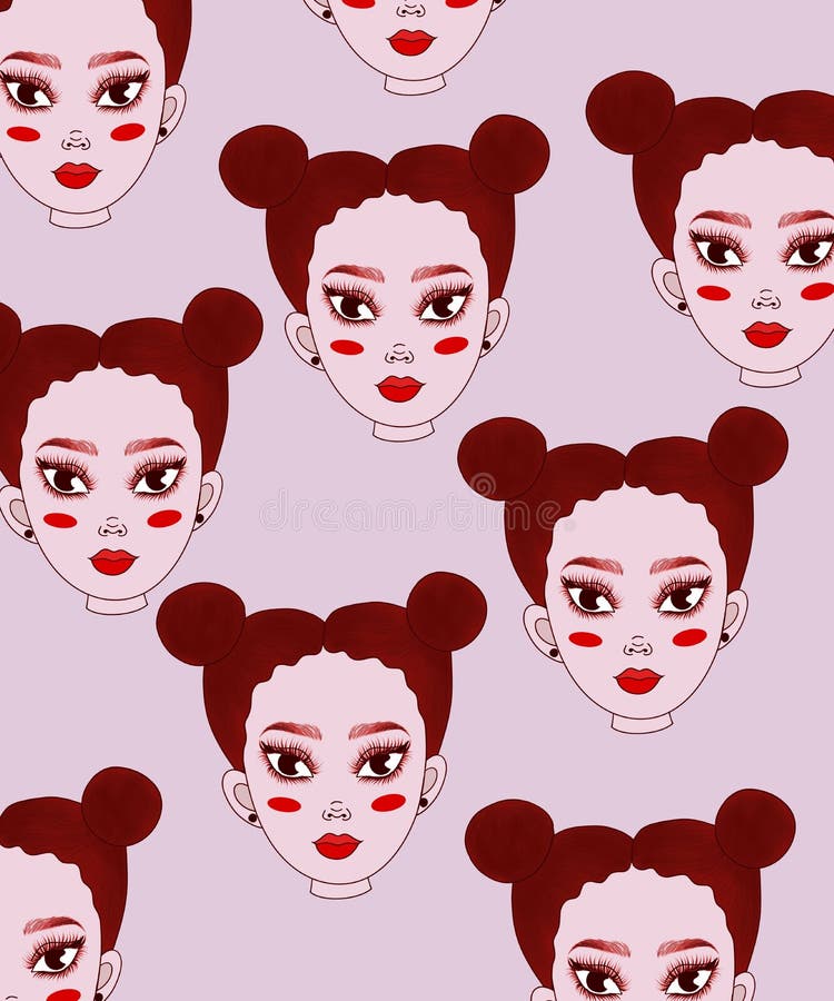 Süße Collage. viele identische weibliche Kopf ein Portrait eines ziemlich ungewöhnlichen Mädchens mit einem lustigen Haarstil ohne vektor abbildung