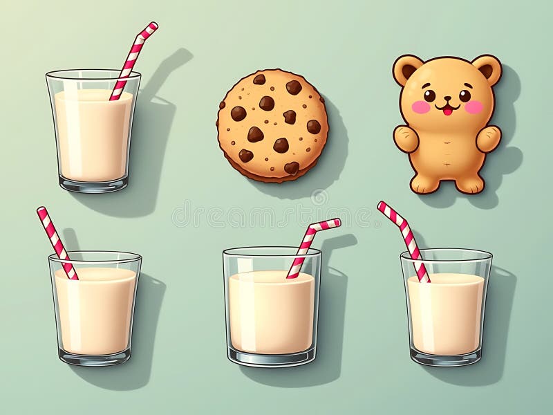Süße Cookie-Icons mit Milchbrille auf pastellfarbenem Hintergrund lizenzfreie abbildung