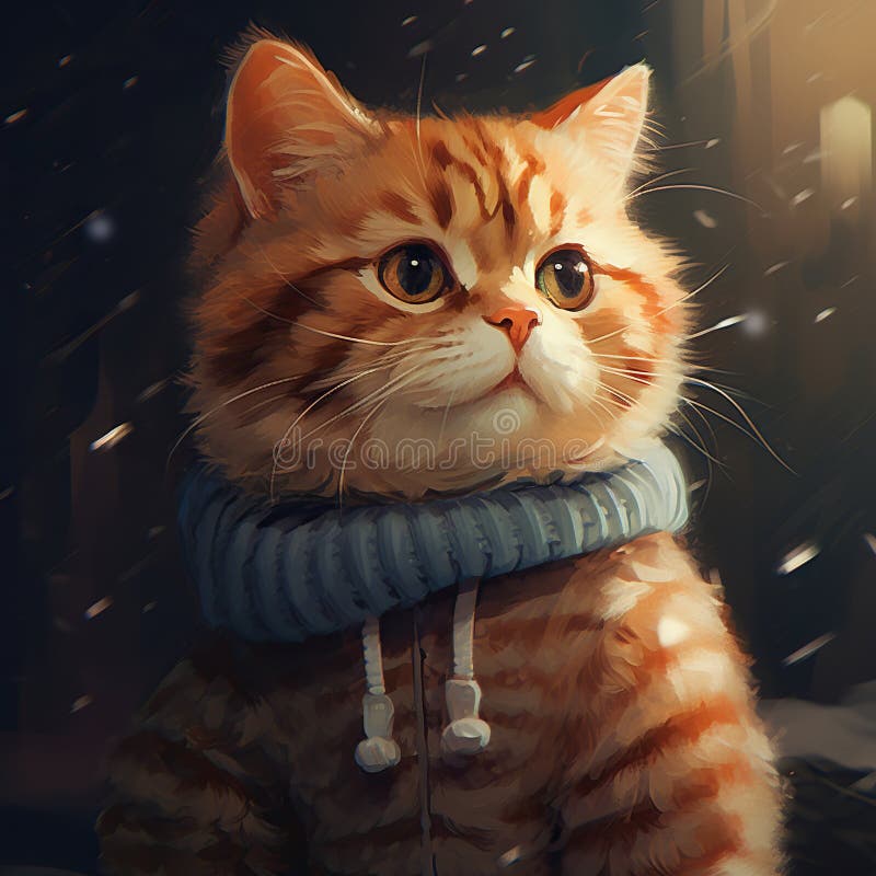Süße Ingwerkatze in einem Schal mit Schneeflocken auf einem dunklen Hintergrund generativ ai generativ ai vektor abbildung