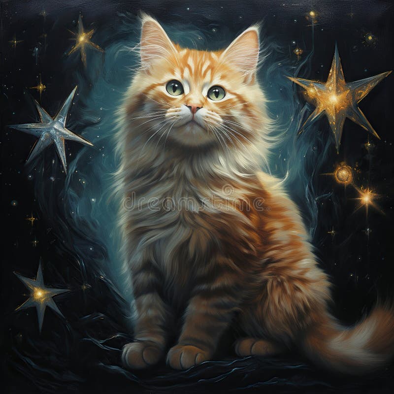 Süße Ingwerkatze sitzend auf dem Hintergrund des Sternenhimmels. generative ai generative ai ai lizenzfreie abbildung