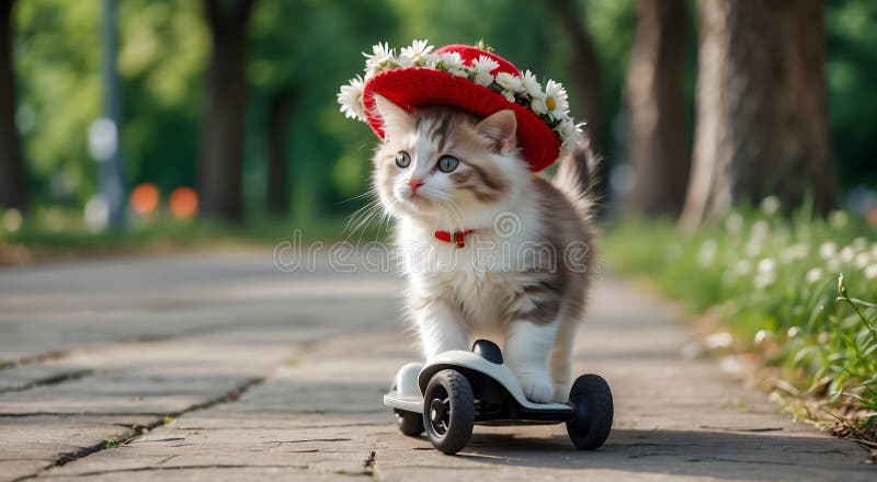 Süße Katze auf einem Scooter süße kleine Kätzchen fröhlich reiten ein lebendiger Roller vektor abbildung
