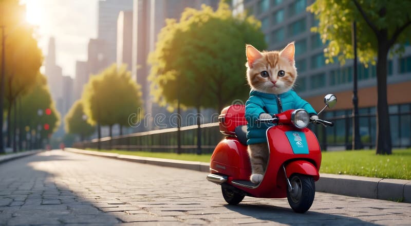 Süße und lustige Katze auf einem Roller süße kleine Kätzchen fröhlich reiten ein lebendiger Roller lizenzfreie abbildung