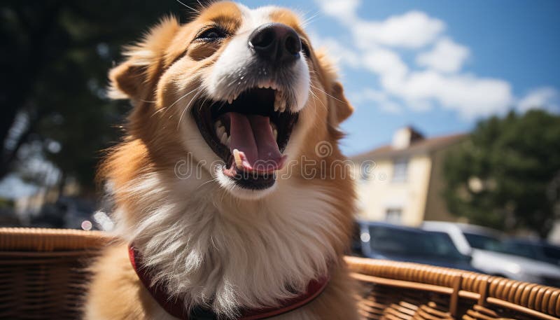 Süße Welpe im Freien sitzend Zunge draußen Blick auf Kamera generiert durch ai lizenzfreies stockfoto