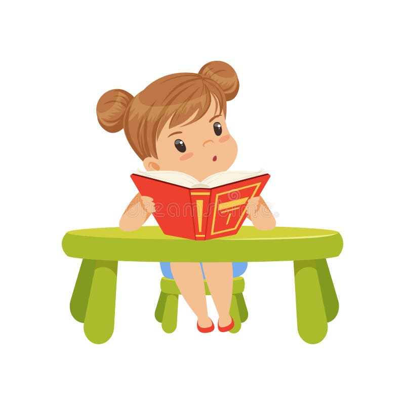 Süßer Charakter des kleinen Mädchens, der am Tisch sitzt und eine Buchvektor Illustration auf einem weißen Hintergrund liest stock abbildung Süßer Charakter des kleinen Mädchens, der am Tisch sitzt und eine Buchvektor Illustration auf einem weißen Hintergrund liest stock abbildung
