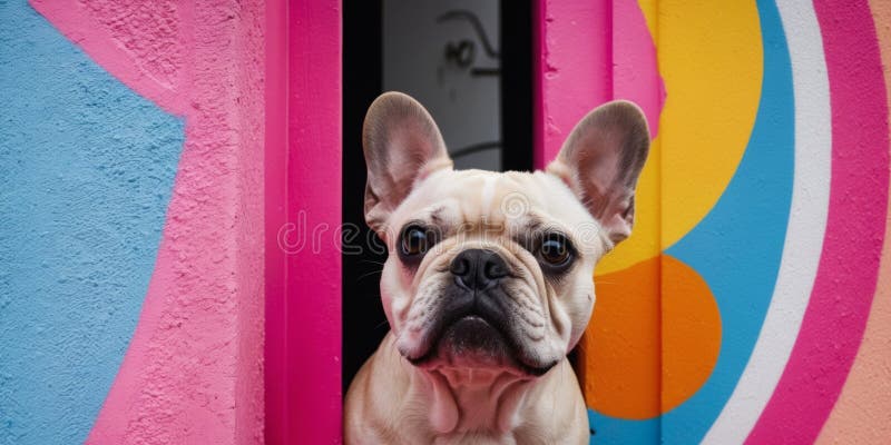 Süßer, französischer Bulldogge, der hinter einer farbenfrohen Mauer herbeiwindet. lizenzfreies stockfoto