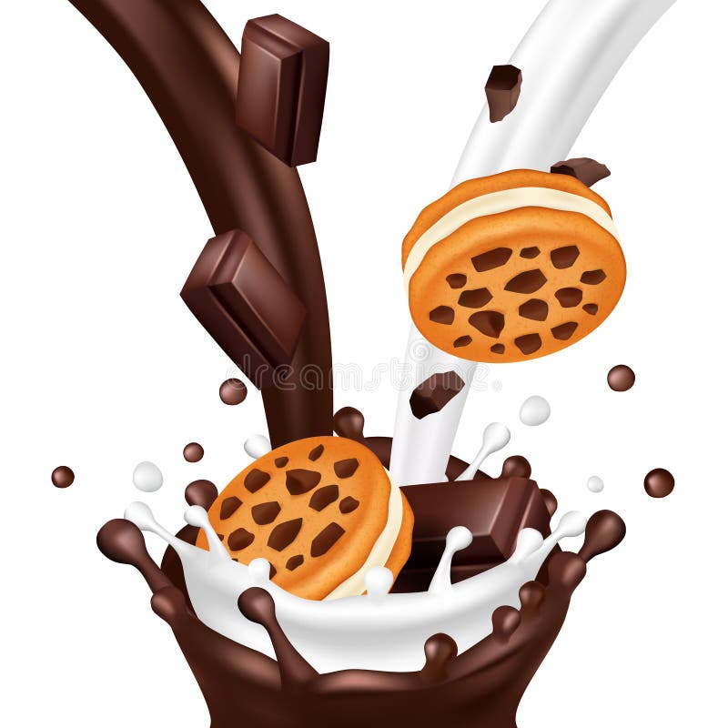 Süßer Keks mit der Schokolade lokalisiert auf weißem Hintergrund Realistische Milch und Schokolade fließt Vektorillustration lizenzfreie abbildung Süßer Keks mit der Schokolade lokalisiert auf weißem Hintergrund Realistische Milch und Schokolade fließt Vektorillustration lizenzfreie abbildung