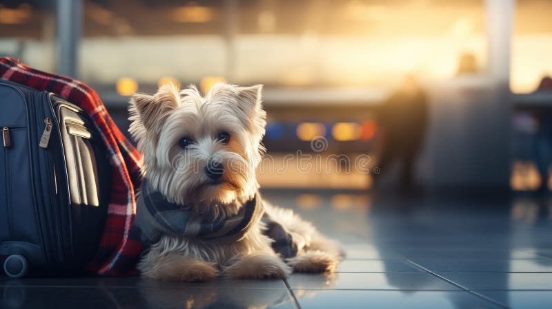 Süßer kleiner Hund, der das Gepäck am Flughafen bewacht und auf die Rückkehr seines Kapitäns wartet. witziger Flusspferd. generati lizenzfreie abbildung