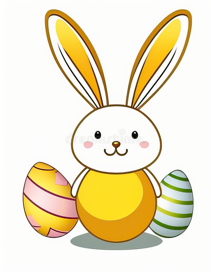 Süßer Osterhase mit bunten gestreiften Eiern, weißer Hintergrund Vertikal stockfotografie