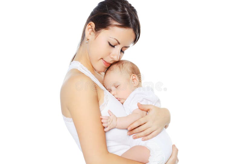 Süßes Baby, das auf Handmutter schläft stockfotografie Süßes Baby, das auf Handmutter schläft stockfotografie