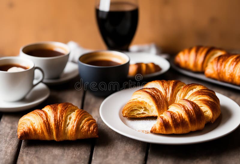 Süßes Erwachen : köstliche, frisch gebackene Croissants mit frischem Kaffee lizenzfreie abbildung