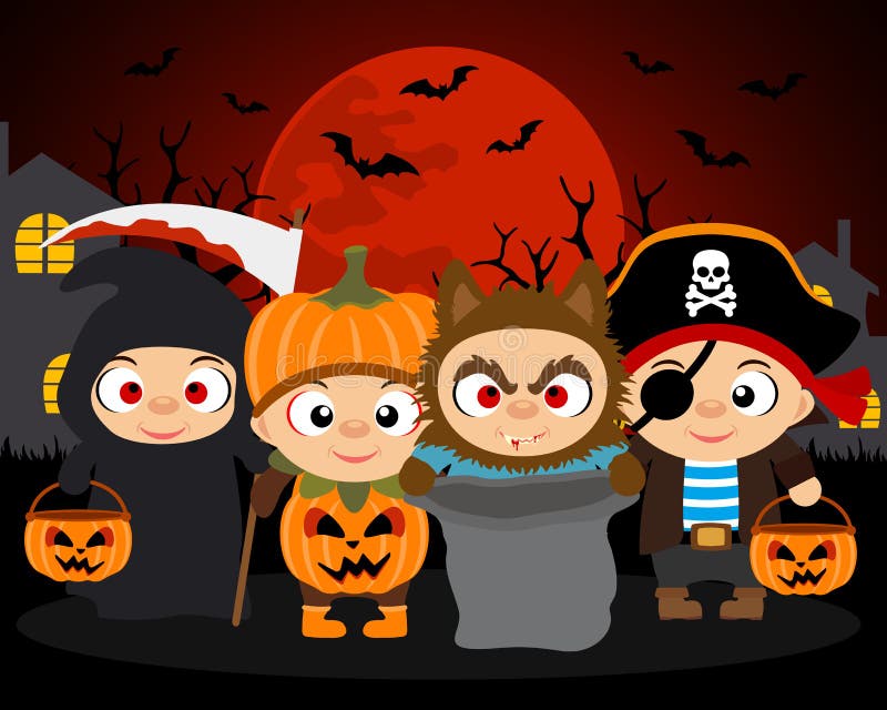 Süßes sonst gibt's Saures Halloween-Vektorhintergrund mit Kindern lizenzfreie abbildung Süßes sonst gibt's Saures Halloween-Vektorhintergrund mit Kindern lizenzfreie abbildung