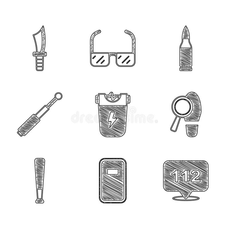 Să pună un glonț în bastonul telescopic cu bâtă electrică de asalt al poliției, apel telefonic la 112 pași de bâtă telescopică, și vector illustration