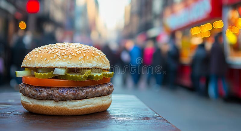 Să savurezi un burger cu apă gură la o piață aglomerată de camioane în aer liber în zori royalty free stock image