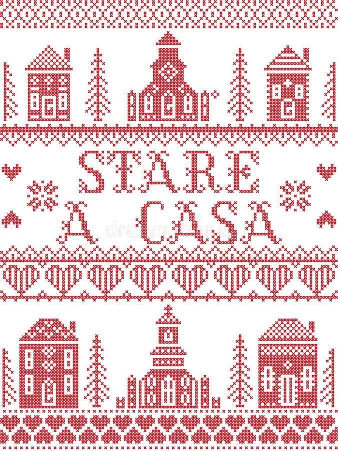Să stai acasă în Italia, să te holbezi la un stil nordic, inspirat de un semn încrucișat cu elemente scandinave ale satului. stock illustration