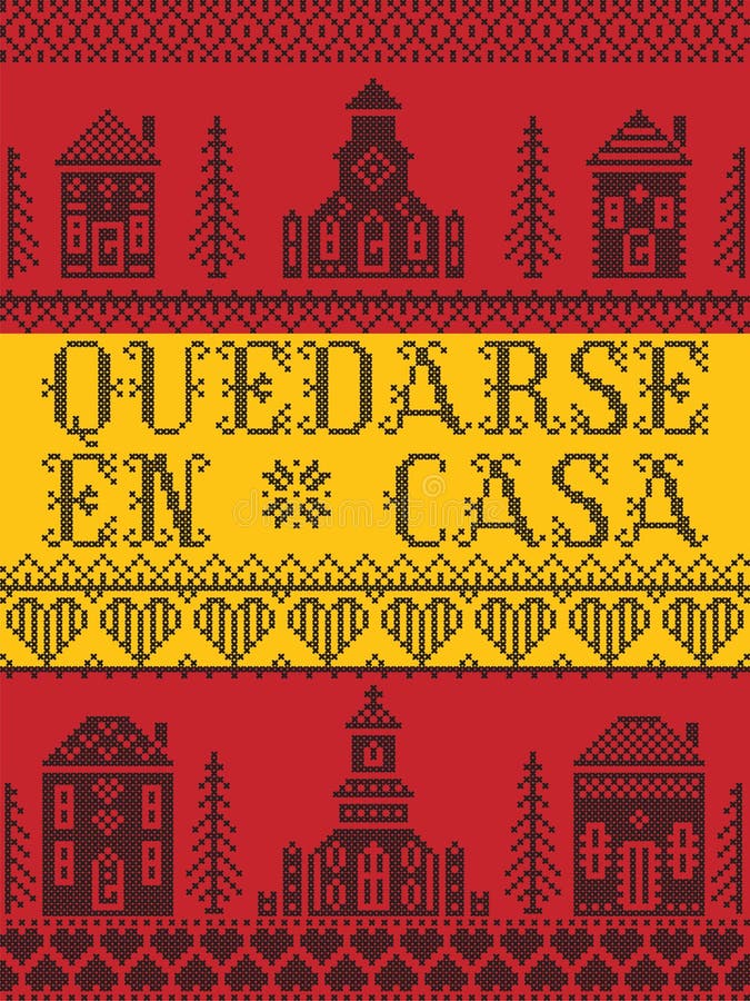 Să stea acasă în stilul spaniol Quedass en casa nordic pe steagul spaniol cu elemente din satul scandinav vector illustration