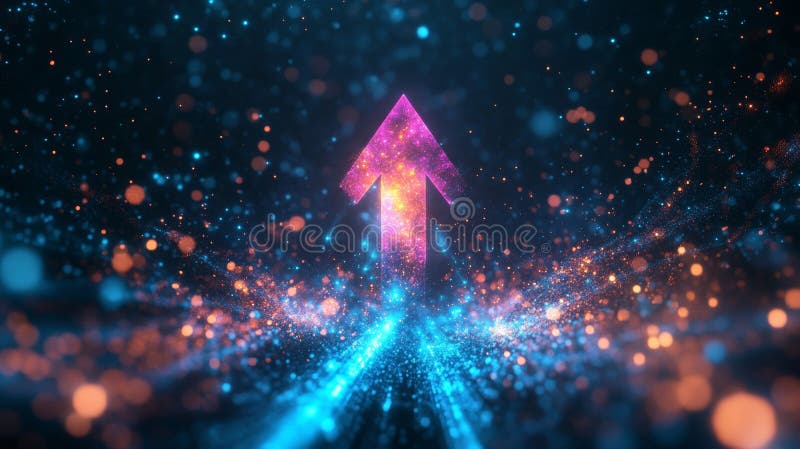 Săgeată strălucitoare orientată în sus cu strălucire multicolorată pe fond întunecat. succesul digital futurist și stock photo