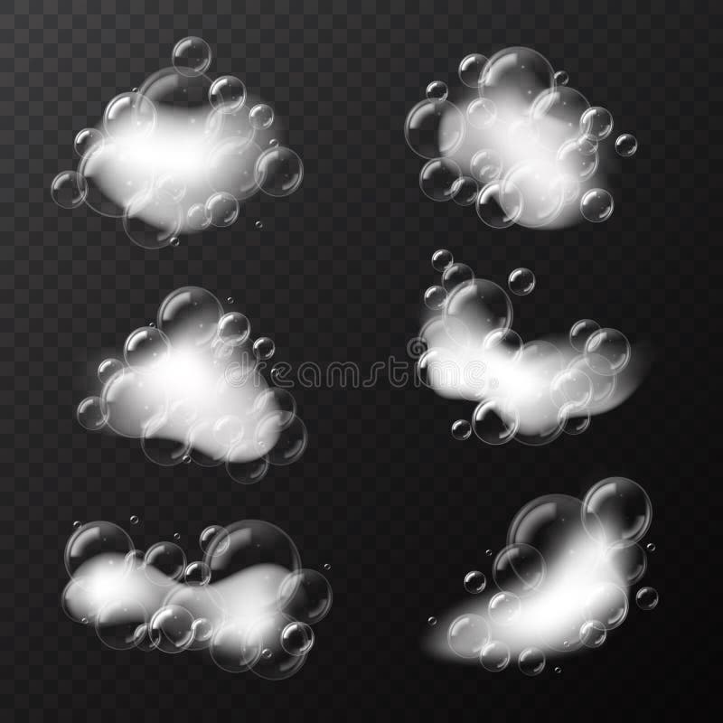 Săpun de spumă. șampon realist sau gel de duș bucăți albe transparente cu baloane transparente de ras cu spumă stock illustration