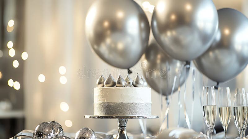 Sărbătoare elegantă de ziua de naștere cu baloane de argint și tort o adunare festivă plină de bucurie, fericire și glamour pentru royalty free stock image