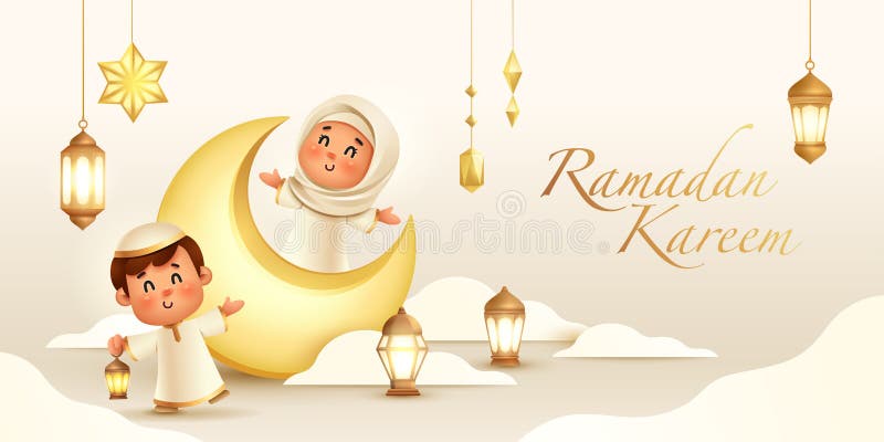 Sărbătoare islamistă a haimului ramadan : copii veseli cu lanterne și semilună royalty free illustration
