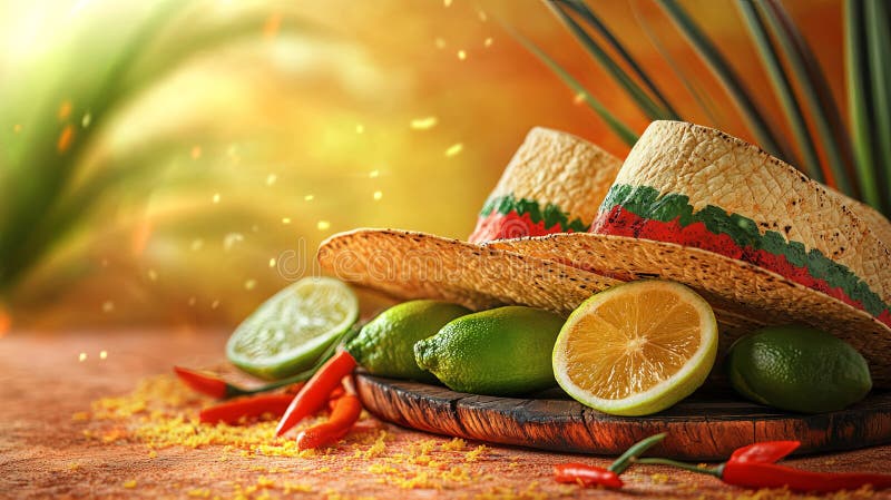 Sărbătorește Cinco de Mayo cu decorații vibrante, pălării tradiționale și lămâi proaspete pentru o atmosferă festivă în timpul stock image