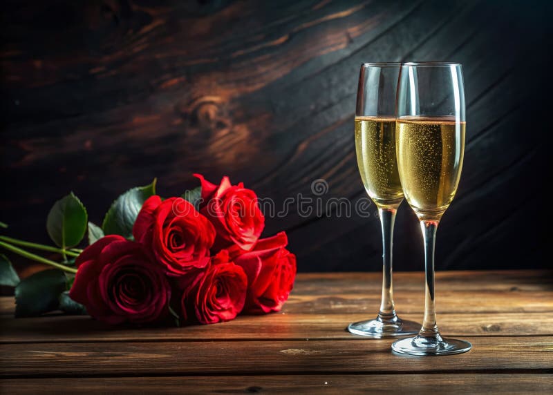 Sărbătorește dragostea cu un toast romantic cu șampanie O celebrare sclipitoare a trandafirilor roșii și a vinului spumant rafinat royalty free illustration