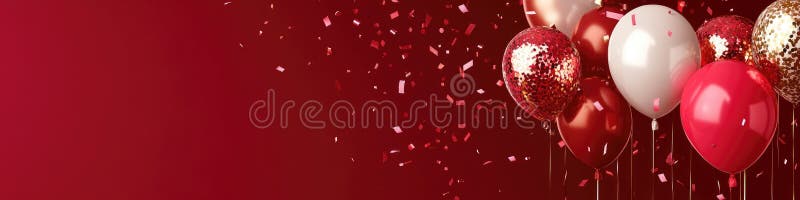 Sărbătorire elegantă a zilei de naștere cu baloane de lux și confetti pe fond roșu stock image
