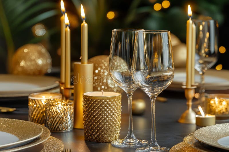 Sărbătorirea elegantă a zilei de naștere are loc cu decorații elegante în ochelari de vin cu lumină aurie și licărire royalty free stock images