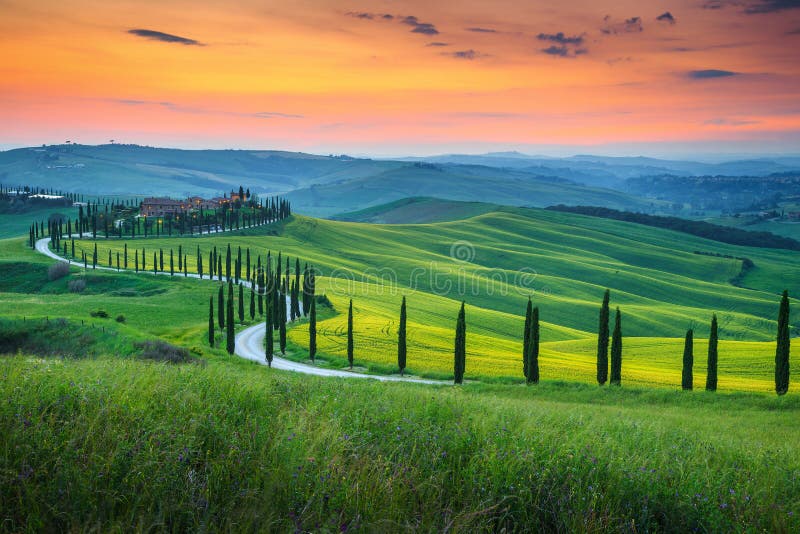 Magical colorful sunset in Tuscany. Picturesque agrotourism and typical curved road with cypress, Crete Senesi rural landscape in Tuscany, Italy, Europe. Magical colorful sunset in Tuscany. Picturesque agrotourism and typical curved road with cypress, Crete Senesi rural landscape in Tuscany, Italy, Europe