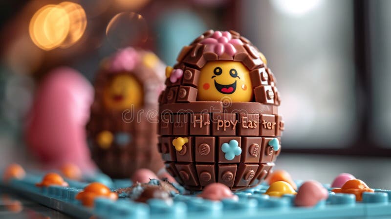 Słodka innowacja wielkanocna : minimalistyczne jajko czekoladowe z wesołym wschodem w jaskrawo kolorowym stylu lego ilustracji