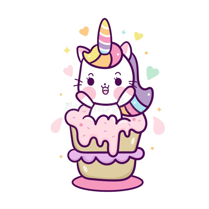 Słodka jednorożcowa wektor kotów, kotka kotka z kociaka Kawaii, babeczka z babeczką. Wszystkiego najlepszego Ilustracja w stylu p royalty ilustracja