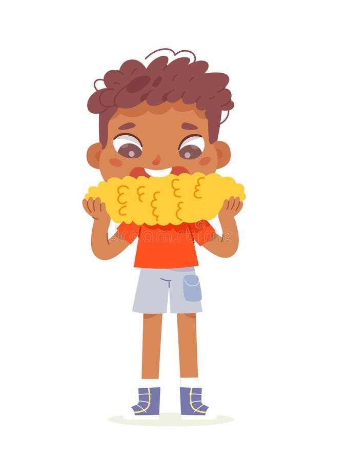 Cute boy eating boiled corn, snack on lunch vector illustration. Cartoon hungry kid with funny face, child holding big corncob to eat, little person standing isolated on white. Cute boy eating boiled corn, snack on lunch vector illustration. Cartoon hungry kid with funny face, child holding big corncob to eat, little person standing isolated on white