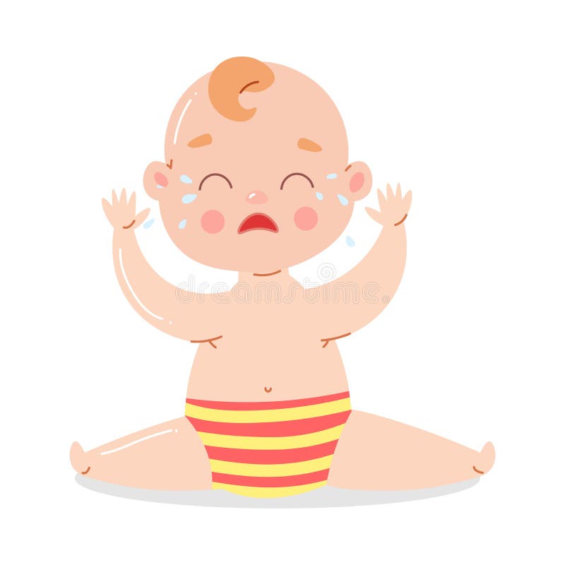 Cute baby in striped underpants sitting and crying. Baby emotions concept. Isolated vector icon illustration on white background in cartoon style. Cute baby in striped underpants sitting and crying. Baby emotions concept. Isolated vector icon illustration on white background in cartoon style.