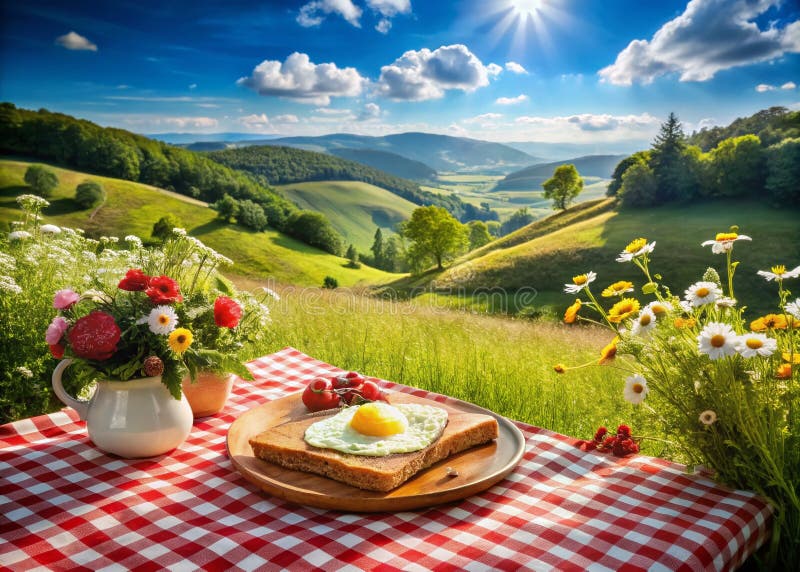 Słoneczna francuska wiejska piknik wspaniała Croque Madame i uroczysta uczta pod muskującym niebem royalty ilustracja